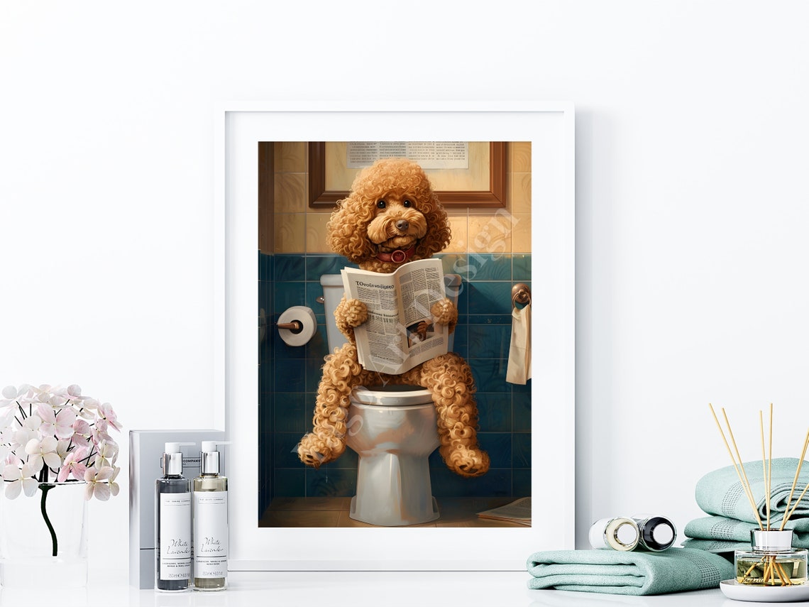 Funny Apricot Poodle Reading Newspaper on Toilet Bathroom Poster - Image 4