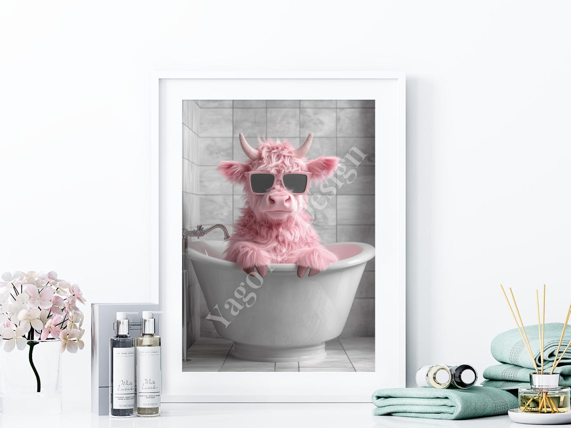 Pink Highland Cow with Sunglasses in Bathtub Poster Cool Decor - Image 4