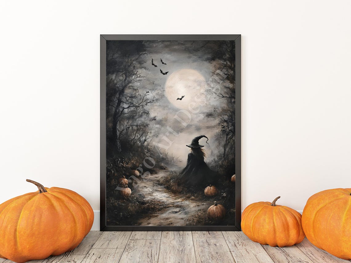 Spooky Witch Walking in Moonlit Forest with Pumpkins Halloween Poster - Image 3