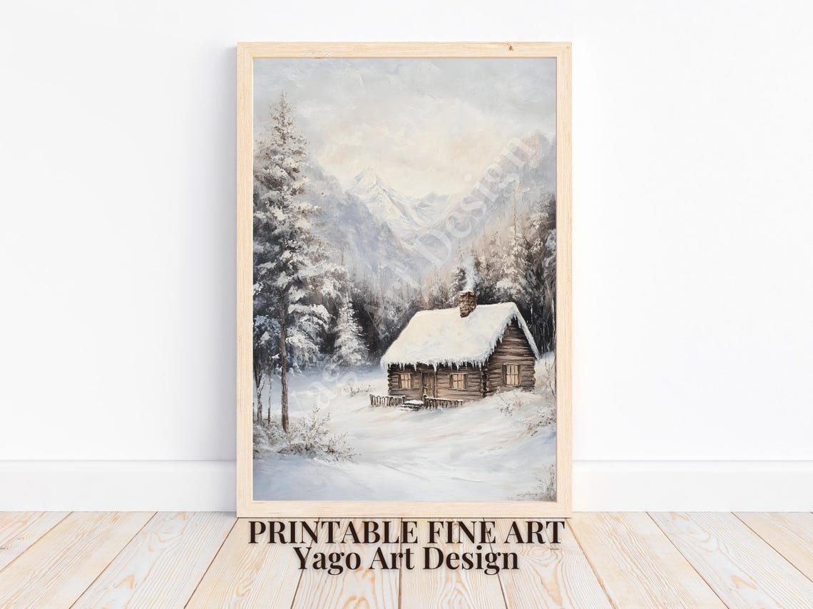 Snowy Winter Cabin in Mountain Forest Peaceful Christmas Poster