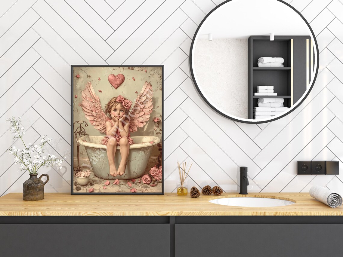 Pink Angel Girl In Bathtub Roses Heart Vintage Valentine Poster - Image 3