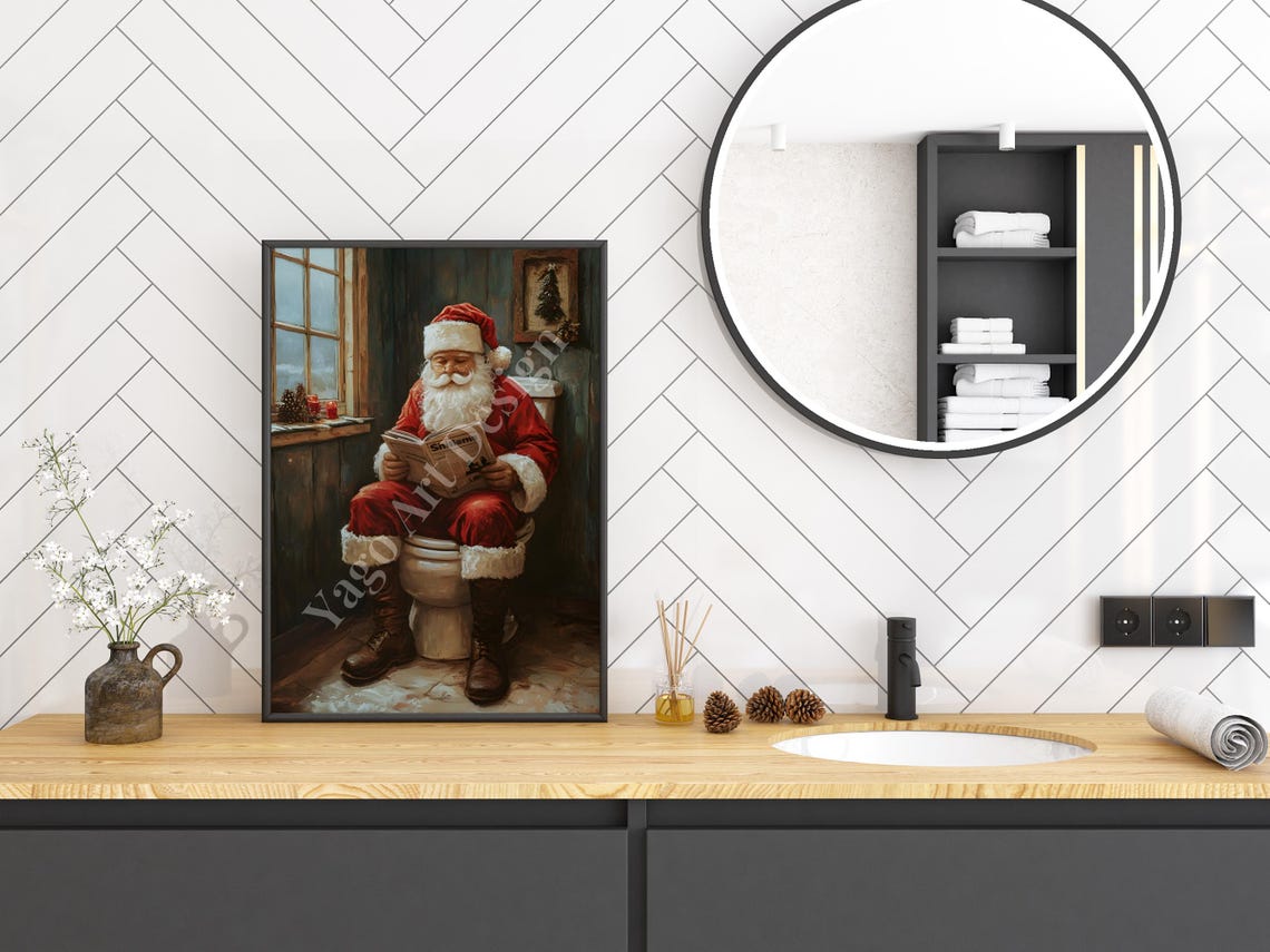 Santa On Toilet Reading Newspaper Rustic Bathroom Christmas Print - Image 2