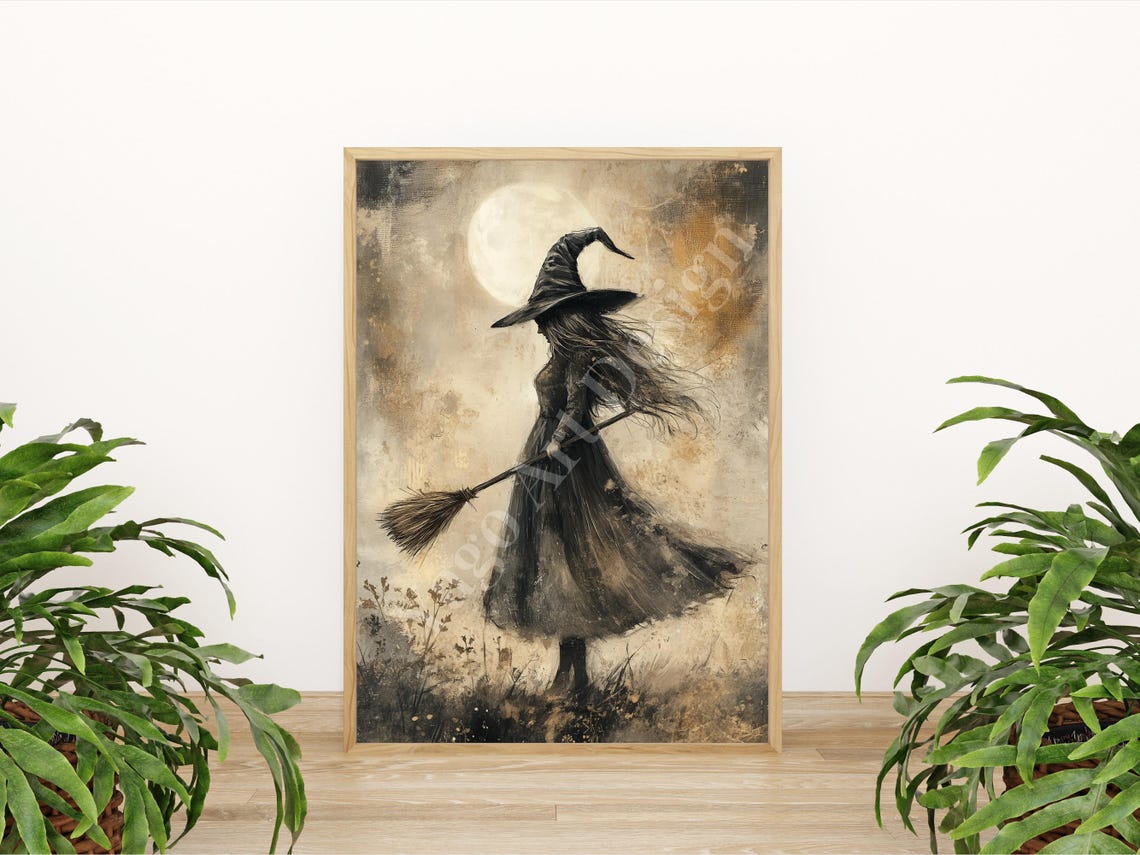 Elegant Witch with Broom under Moonlight Vintage Halloween Poster - Image 2