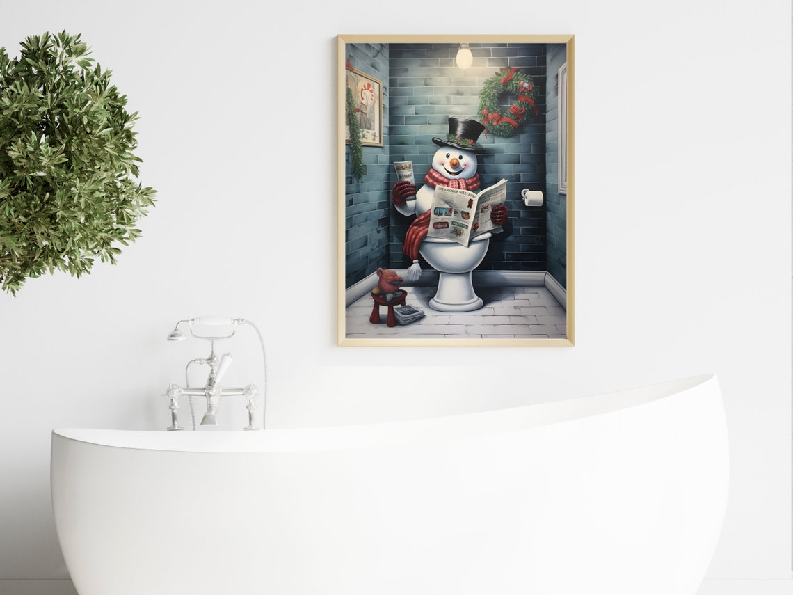 Snowman on Toilet Reading Newspaper Funny Bathroom Humor Poster - Image 4