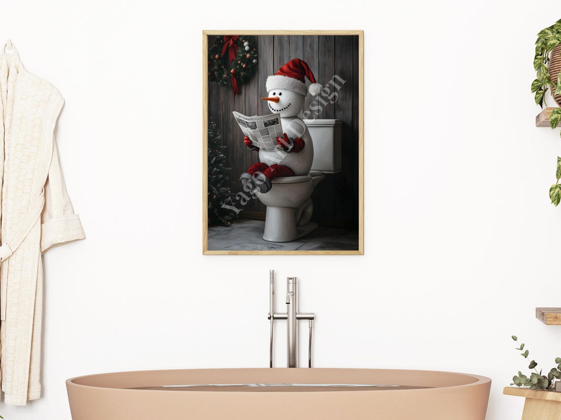 Cute Snowman Reading Newspaper on Toilet Christmas Bathroom Poster - Image 3