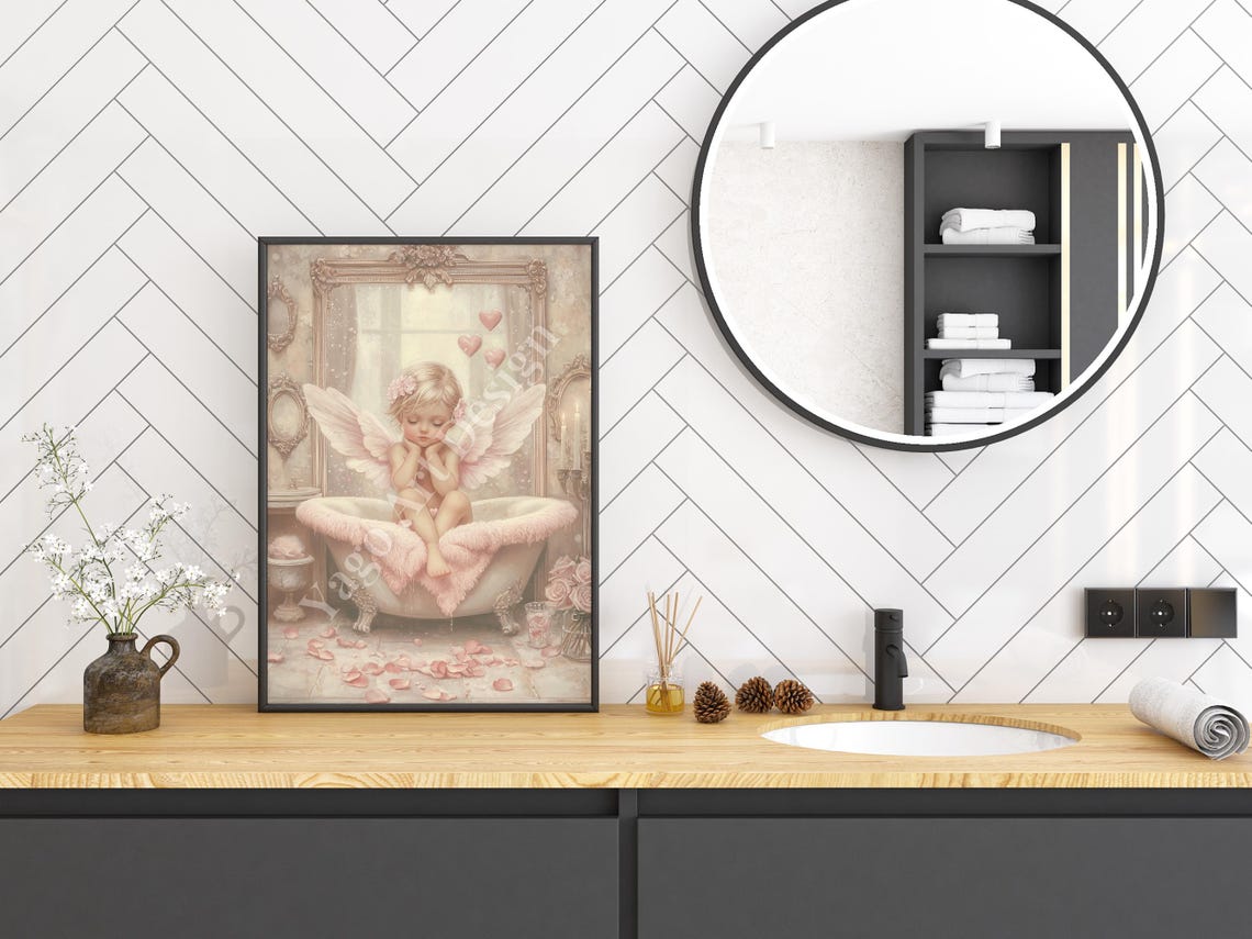 Cupid Angel Relaxing in Clawfoot Bathtub Valentine Bathroom Poster - Image 3