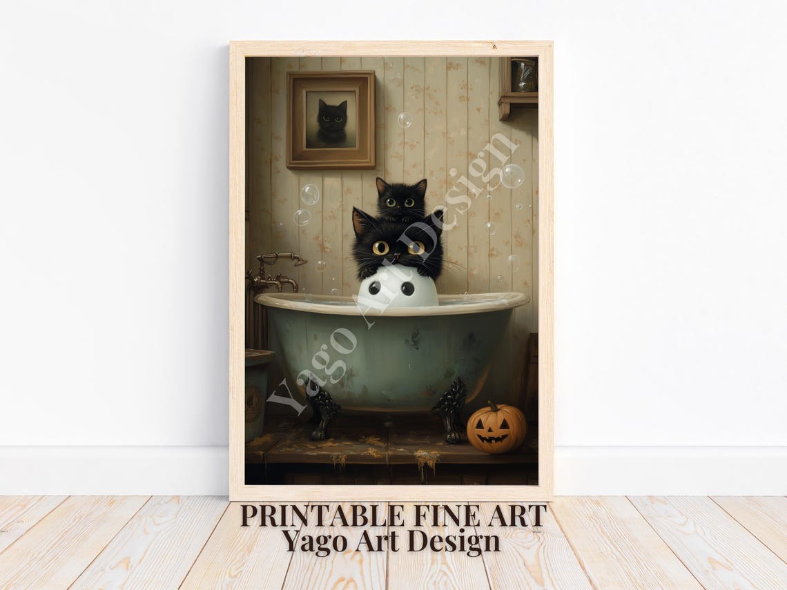Cute Ghost in Bathtub with Black Cats and Pumpkin Halloween Poster