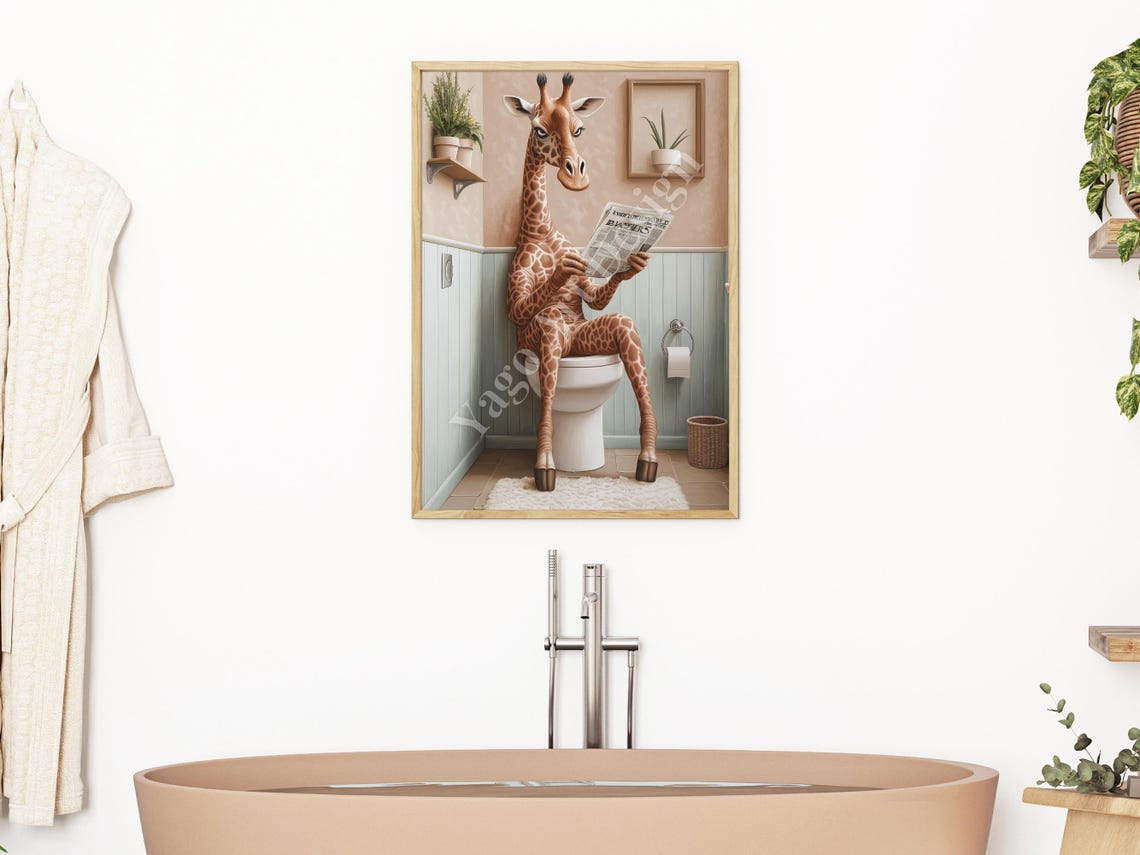 Giraffe Sitting on Toilet Reading Newspaper Poster Bathroom Humor - Image 2