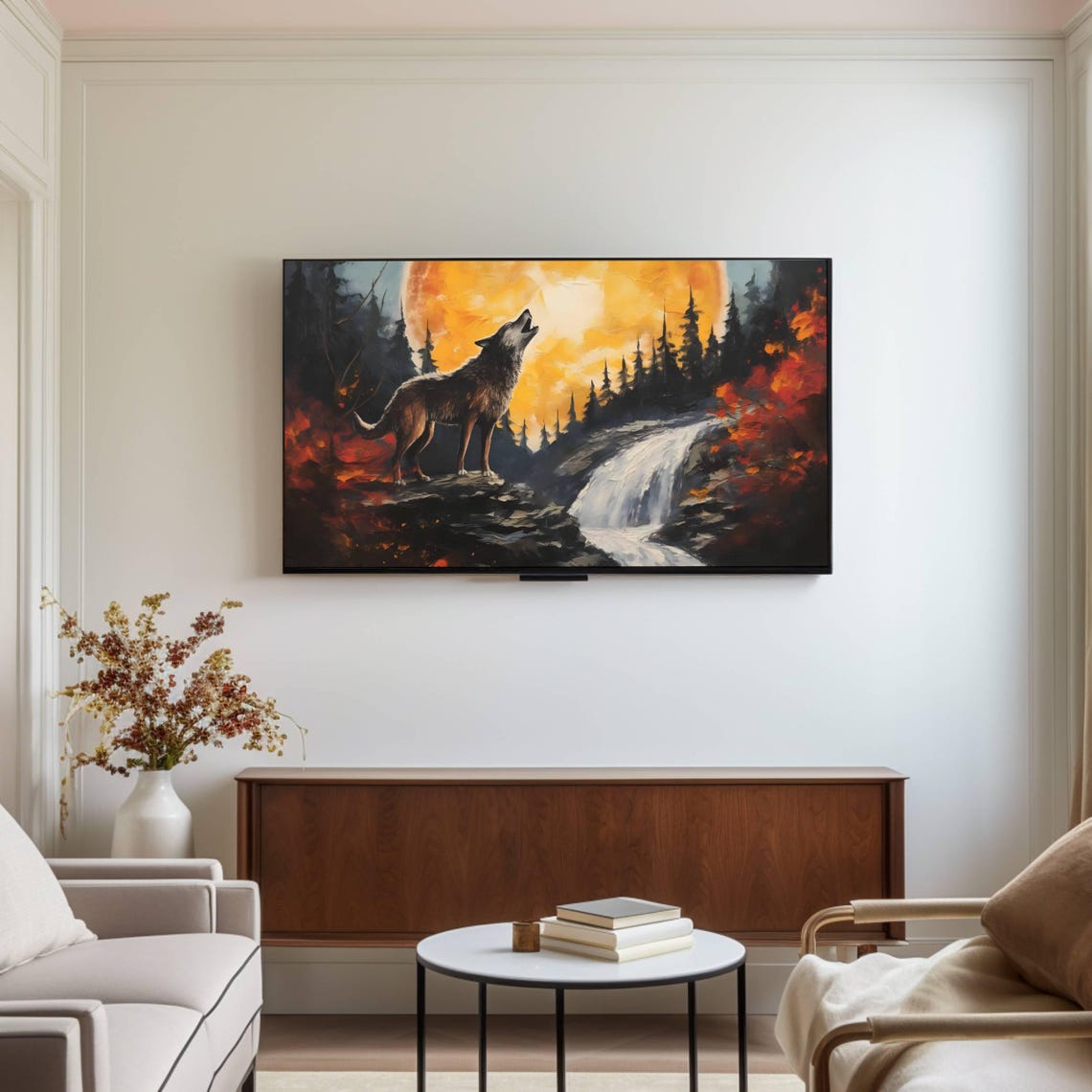 Wolf Howling At Full Moon Waterfall Autumn Forest Wildlife Poster