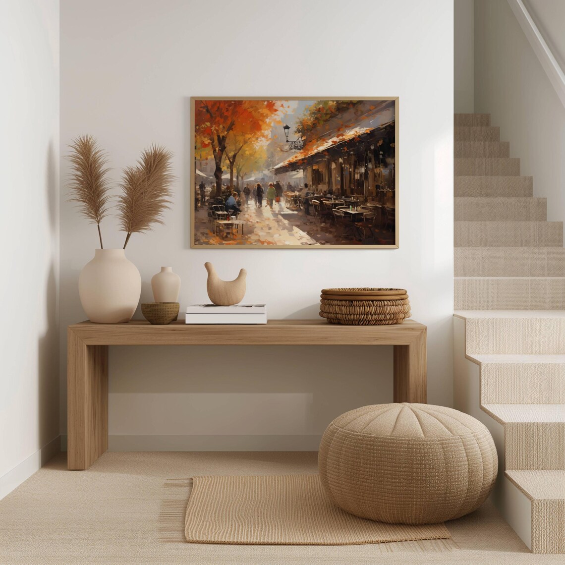 Autumn Cafe Street with Outdoor Tables Under Orange Leaves Wall Art - Image 2