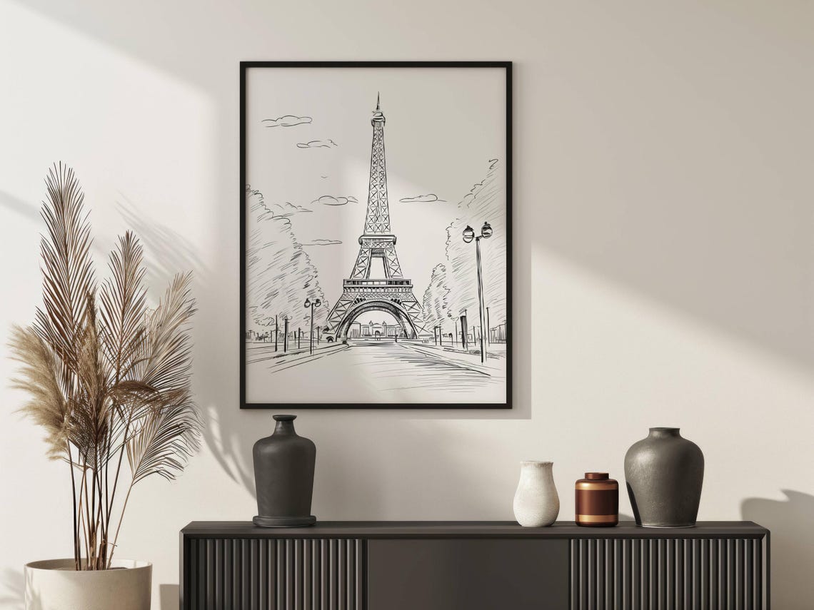 Eiffel Tower Paris Street Sketch Line Drawing Lampposts Clouds Poster - Image 2