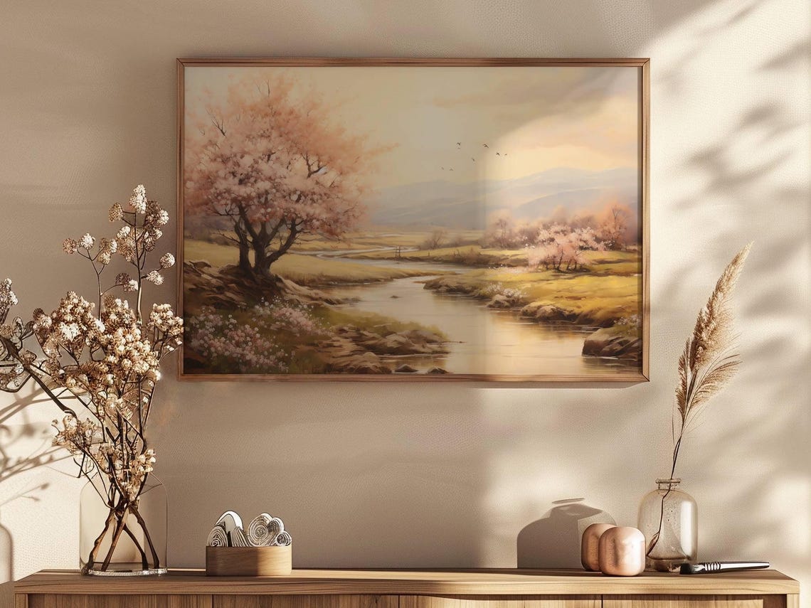 Blooming Cherry Tree Over a Spring Stream Countryside Wall Art - Image 2