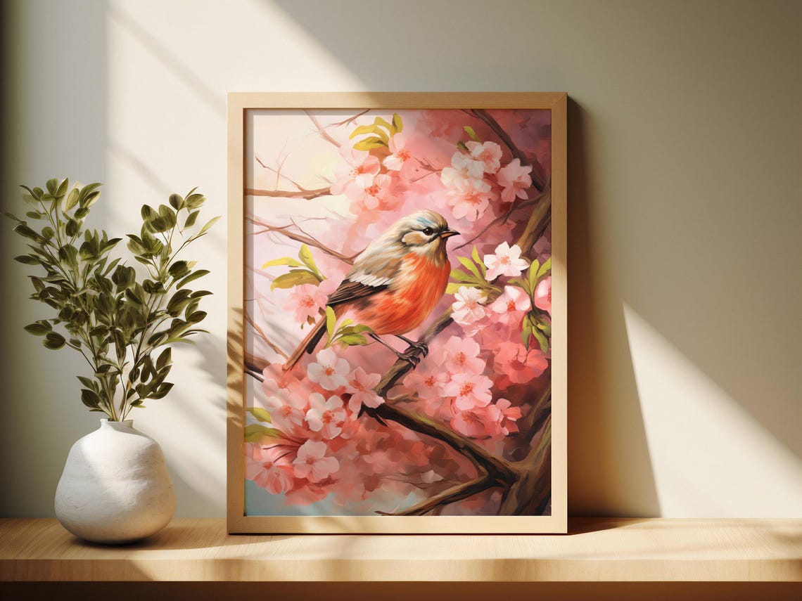 Songbird on Cherry Blossom Branch Pink Spring Blooms Art Poster - Image 2