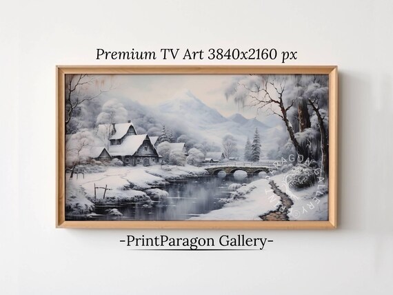 Snowy Mountain Village with a River Bridge in Winter Wall Art