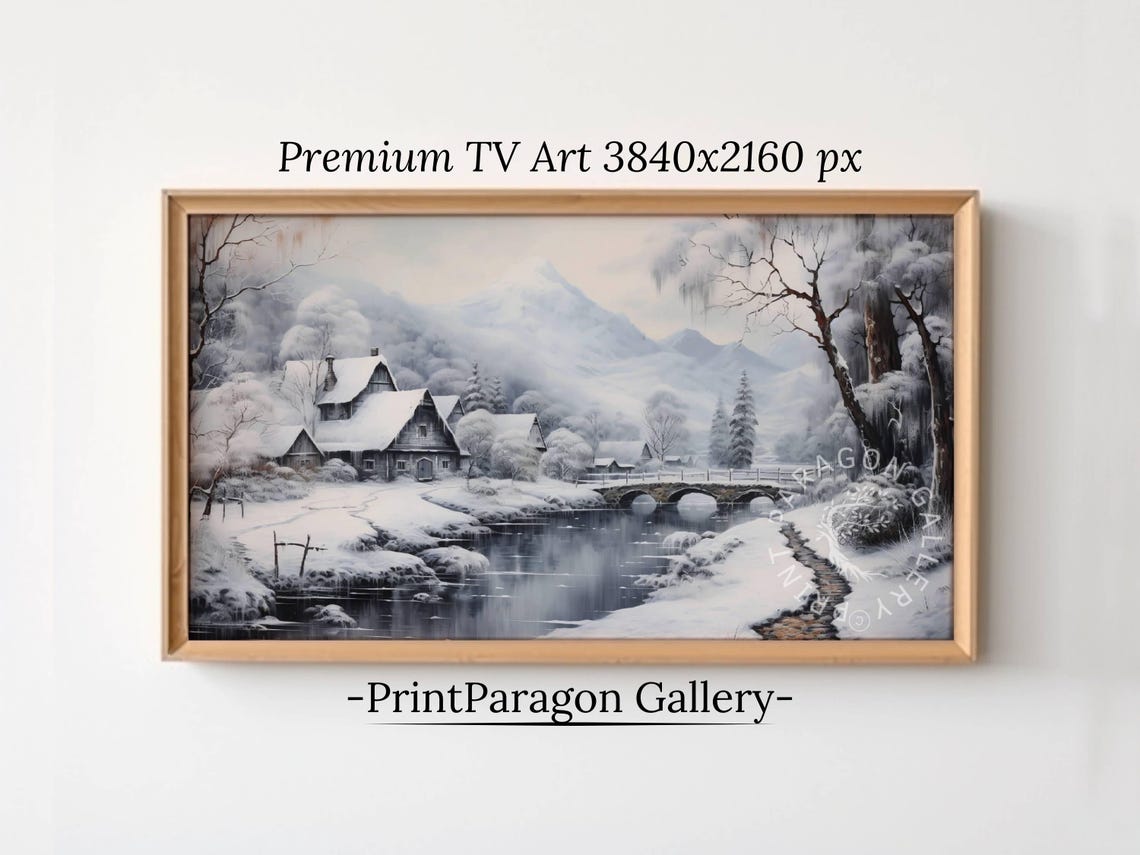 Snowy Mountain Village with a River Bridge in Winter Wall Art