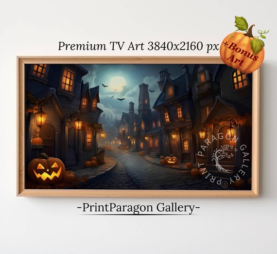 Spooky Halloween Village Street Night Jack O Lanterns Poster
