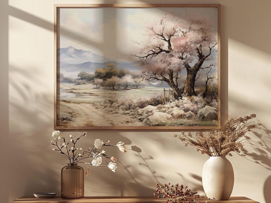 Cherry Blossom Tree by Rocky River Spring Mountain Scene Poster - Image 2