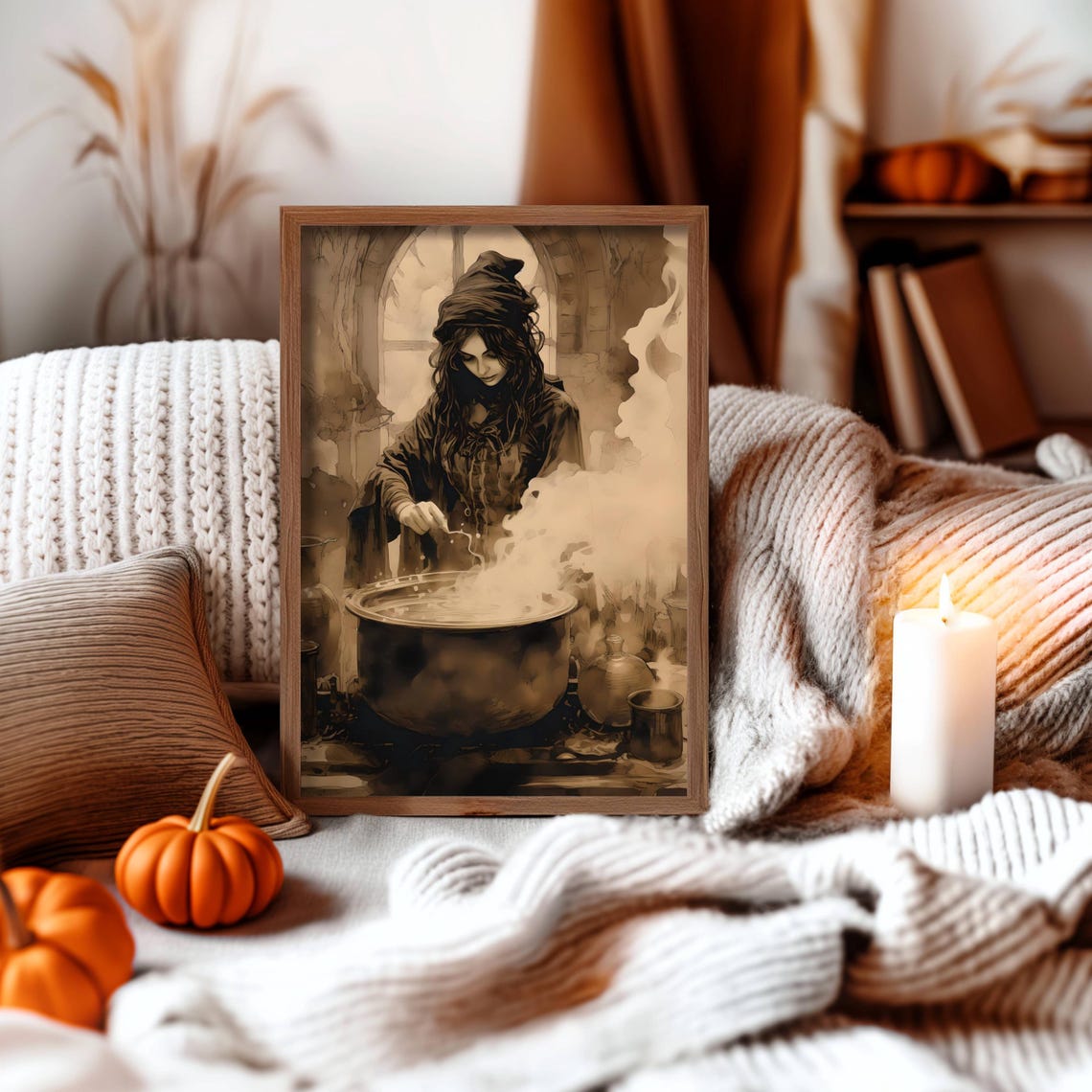 Witch Stirring Cauldron Vintage Sepia Ink Halloween Witchcraft Poster - Image 2