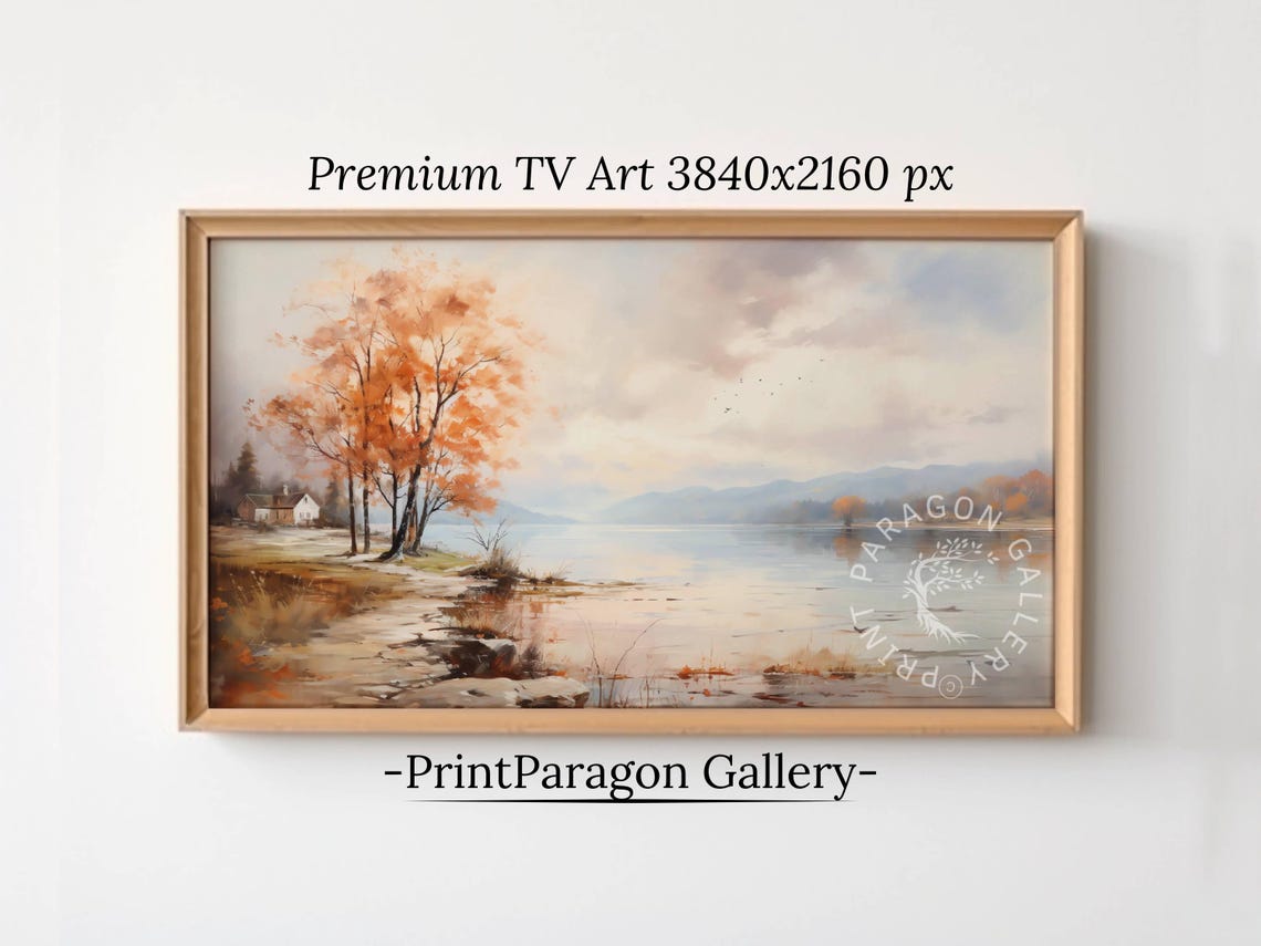Autumn Lake House Among Orange Trees in Fall Scenery Wall Art