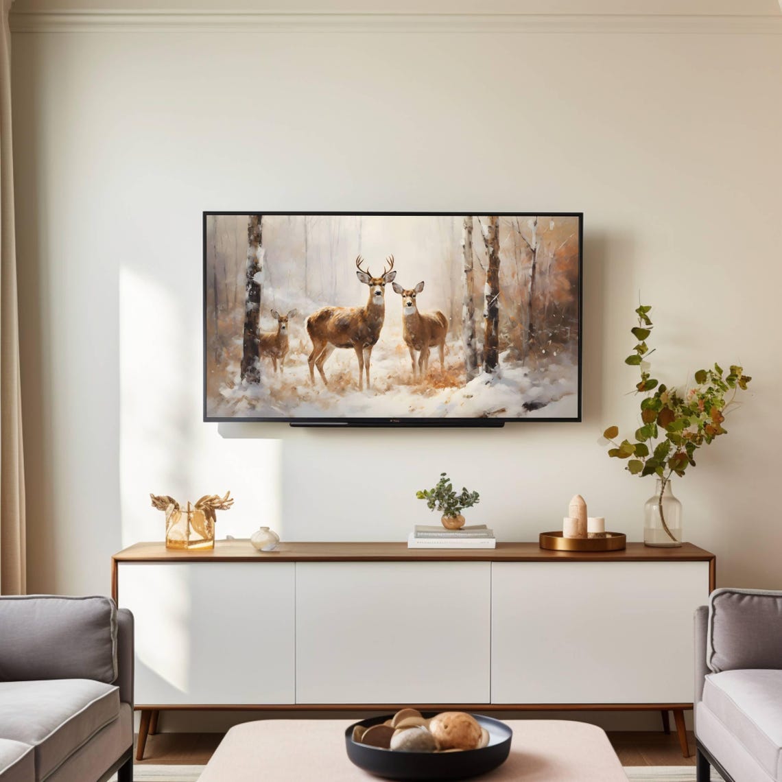 Buck With Two Does in a Snow-Covered Winter Birch Forest Poster - Image 2