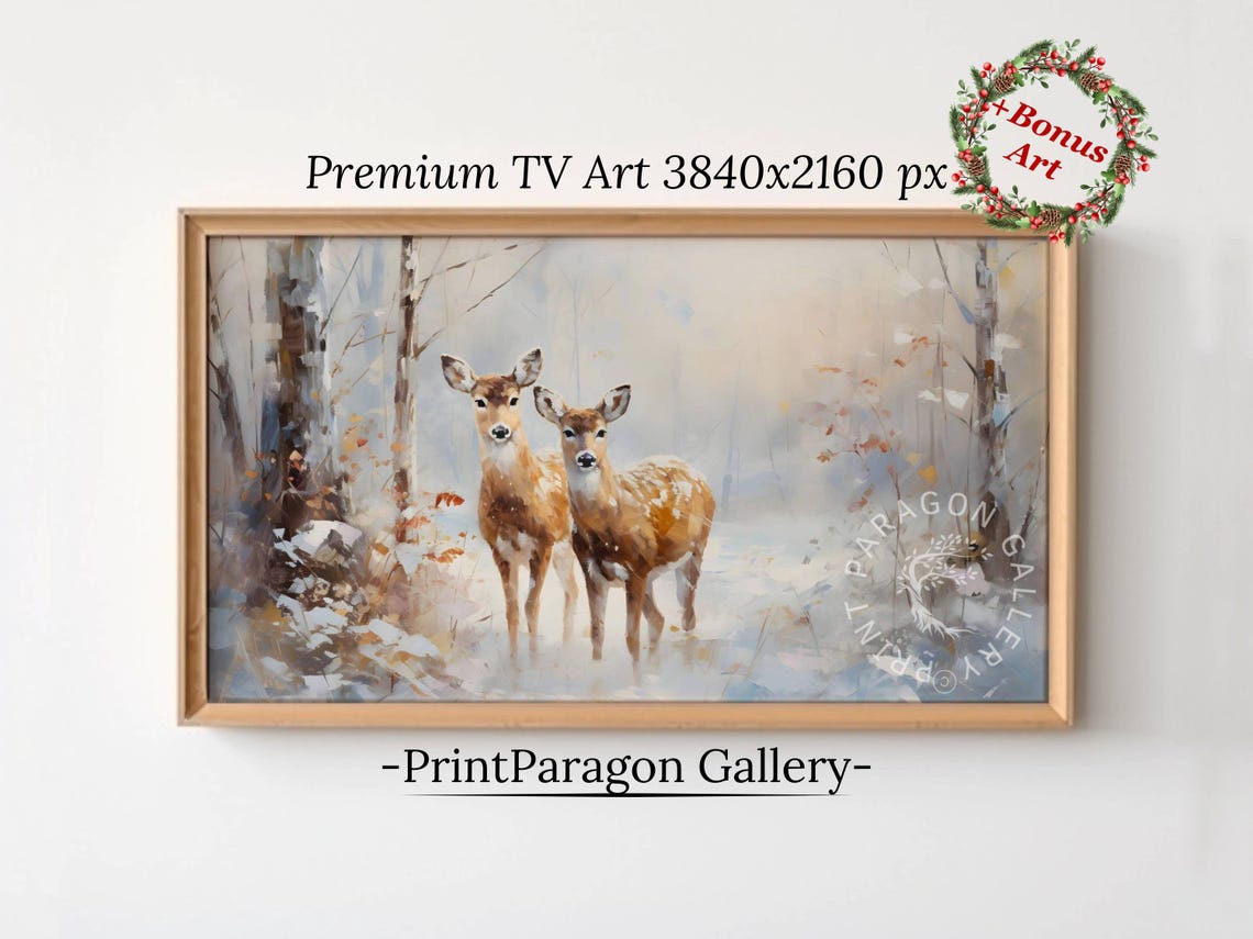 Pair of Deer in a Snowy Forest Where Autumn Meets Winter Poster