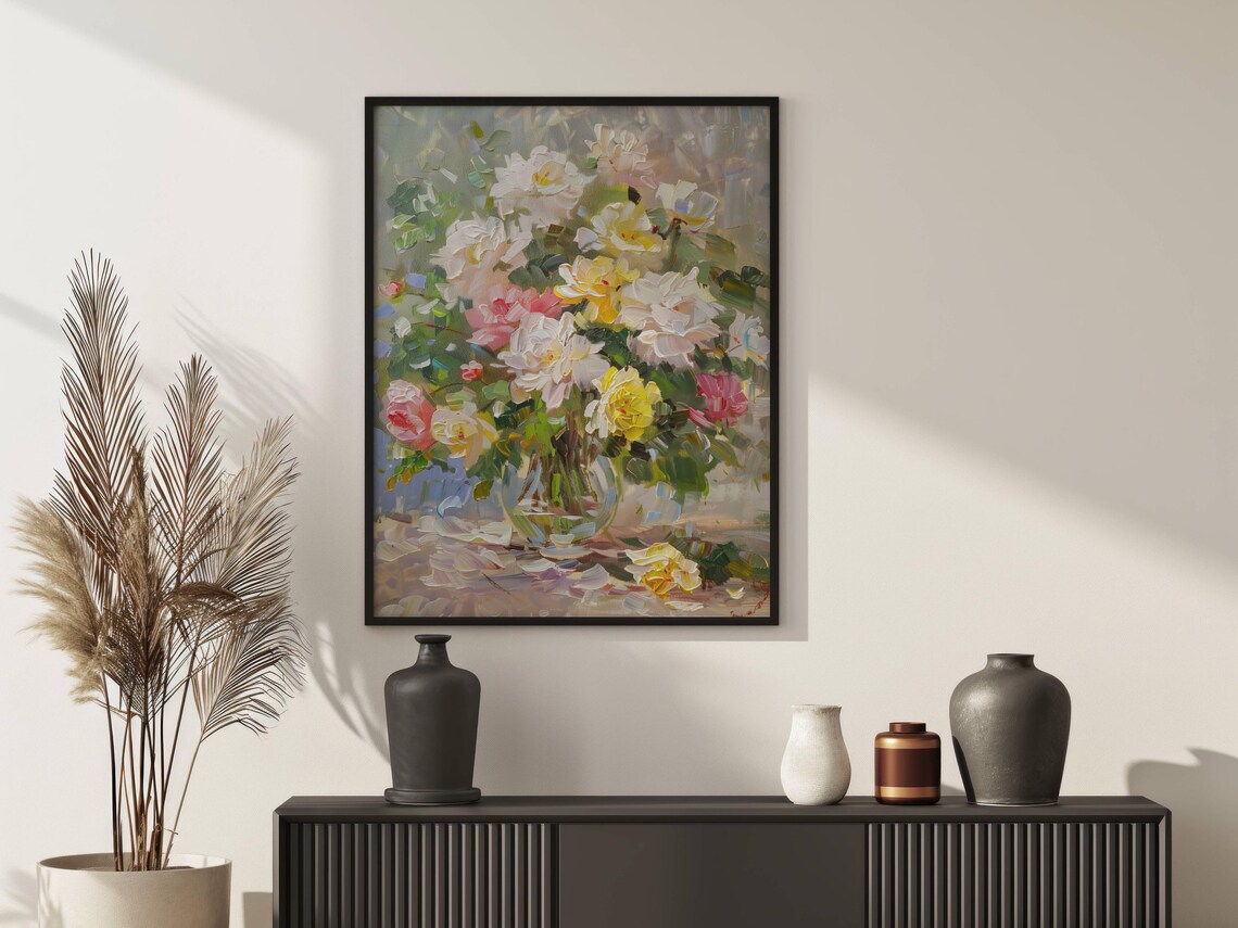 Spring Roses Bouquet in Glass Vase Impressionist Oil Painting Poster - Image 2