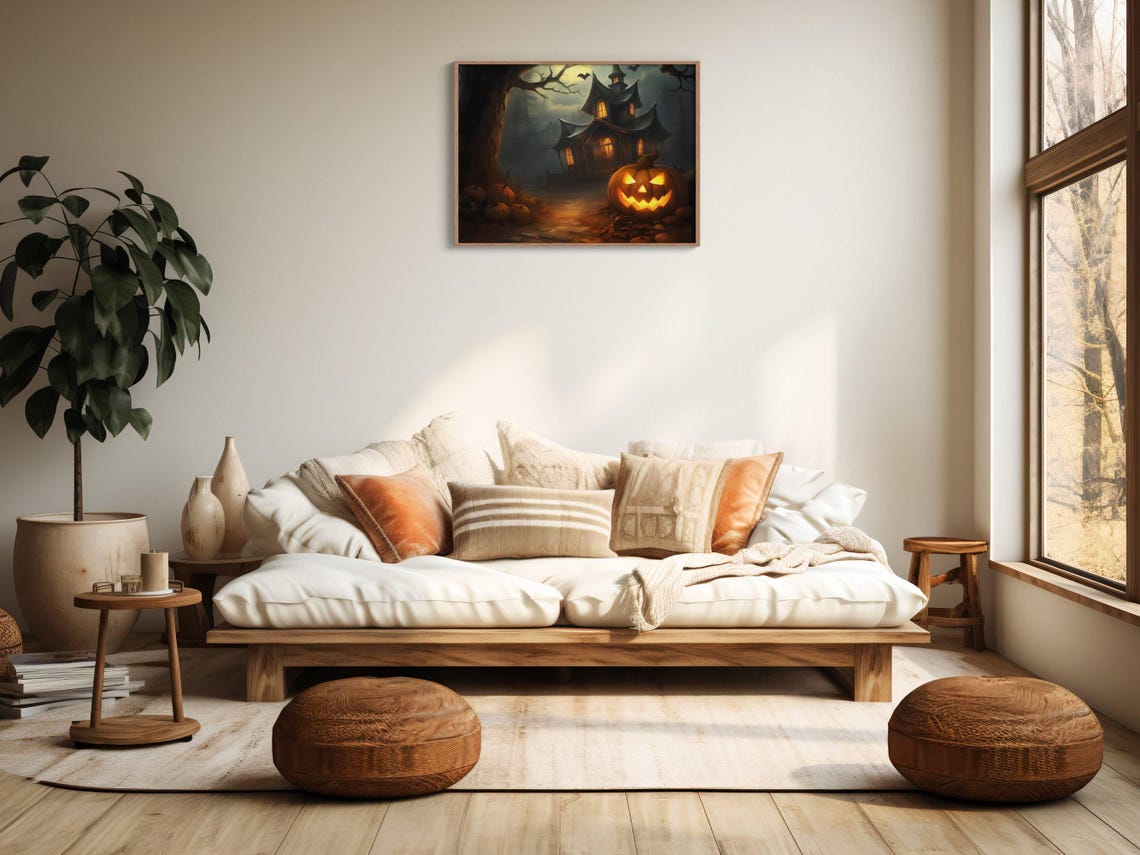 Haunted House At Night With Glowing Pumpkins And Bats Halloween Poster - Image 2