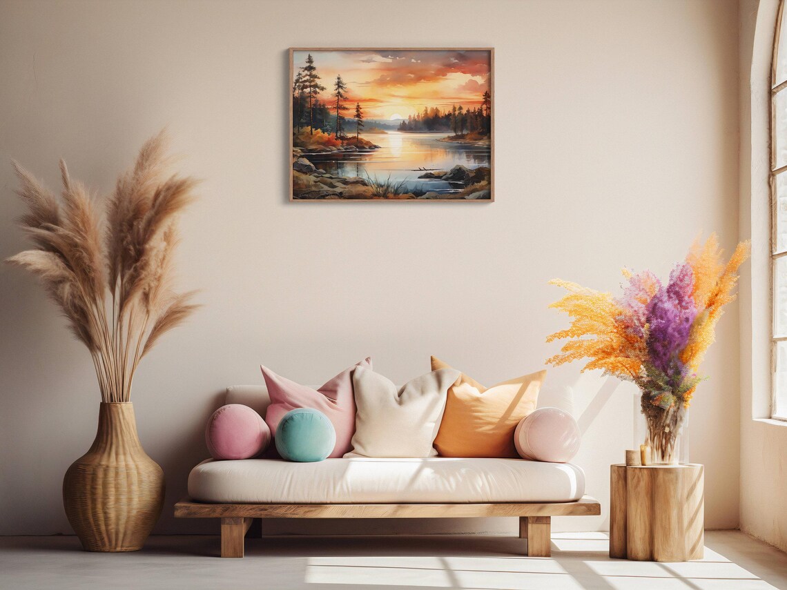 Autumn Lake Sunset With a Fiery Orange Sky Painting Landscape Poster - Image 2