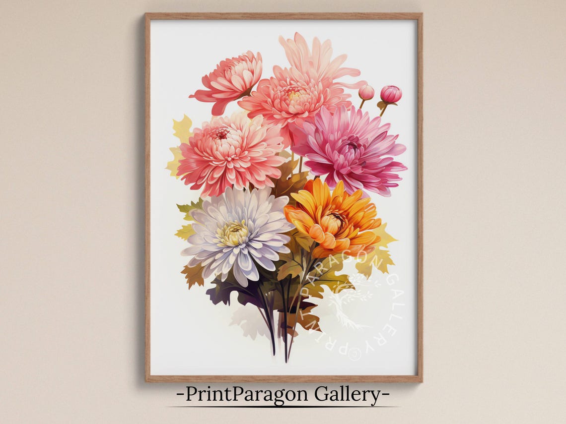 Colorful Chrysanthemum Bouquet Watercolor Pink Orange Blossoms Poster