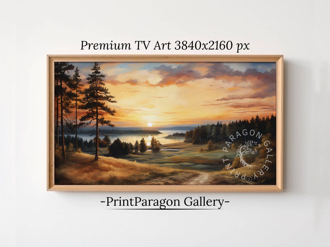 Glowing Autumn Forest Sunset Over a Still Golden Lake Wall Art