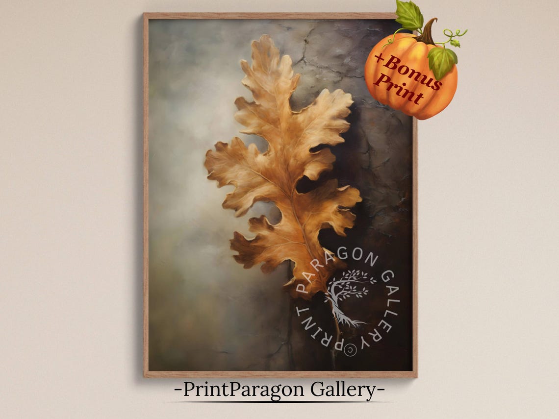 Single Golden Oak Leaf in a Vintage Botanical Style Wall Art