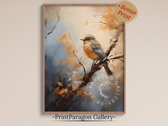 Little Songbird on a Branch Among Golden Autumn Leaves Wall Art