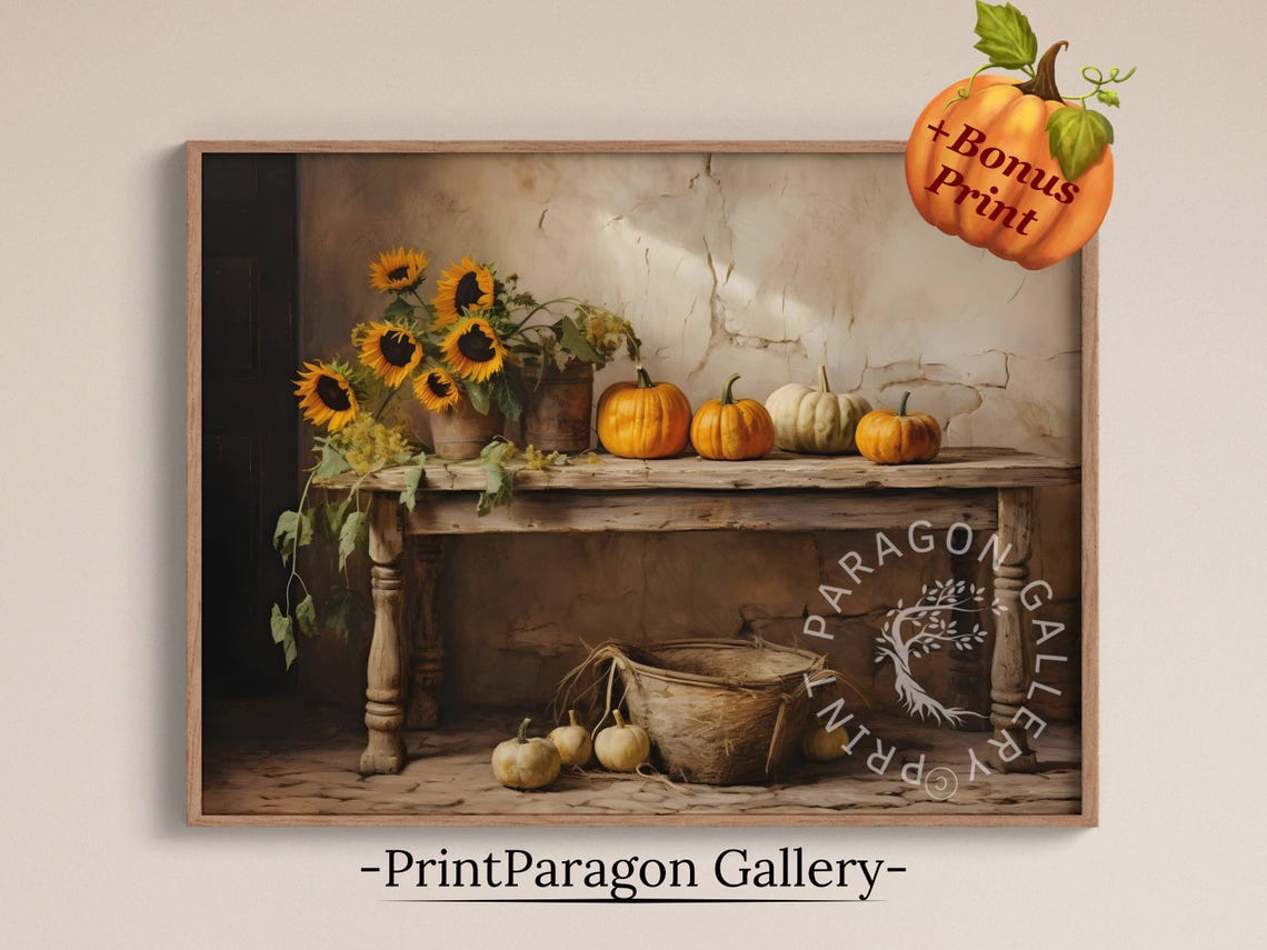 Rustic Mediterranean Sunflower And Pumpkin Harvest Still Life Poster