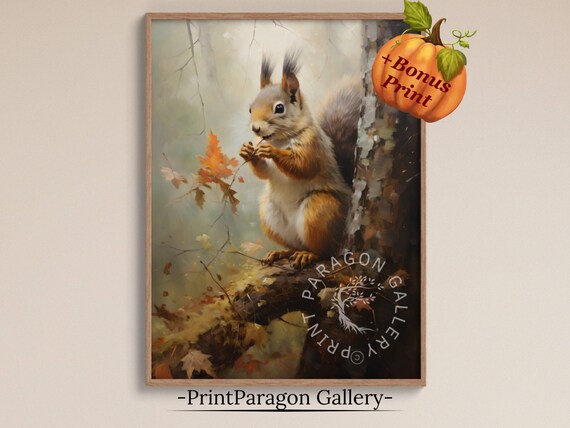 Squirrel Fall Wall Decor Ambient Rural Autumn Print Thanksgiving Wall Art Vintage Seasonal Home Decor Moody Autumn Scenery