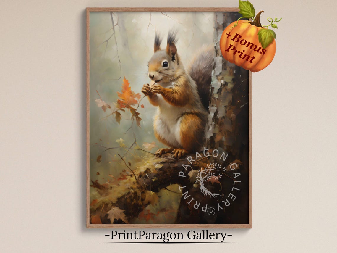Cute Red Squirrel Perched on a Branch in Autumn Colors Wall Art