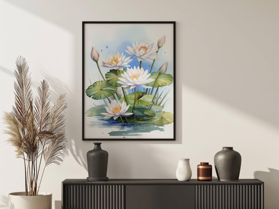White Water Lilies on Blue Pond Botanical Watercolor Art Poster - Image 2