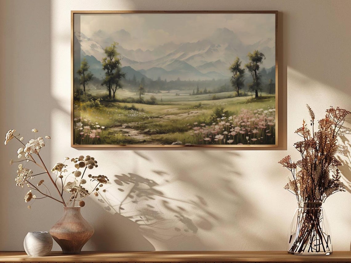 Wildflower Mountain Meadow Misty Peaks Spring Landscape Poster - Image 2