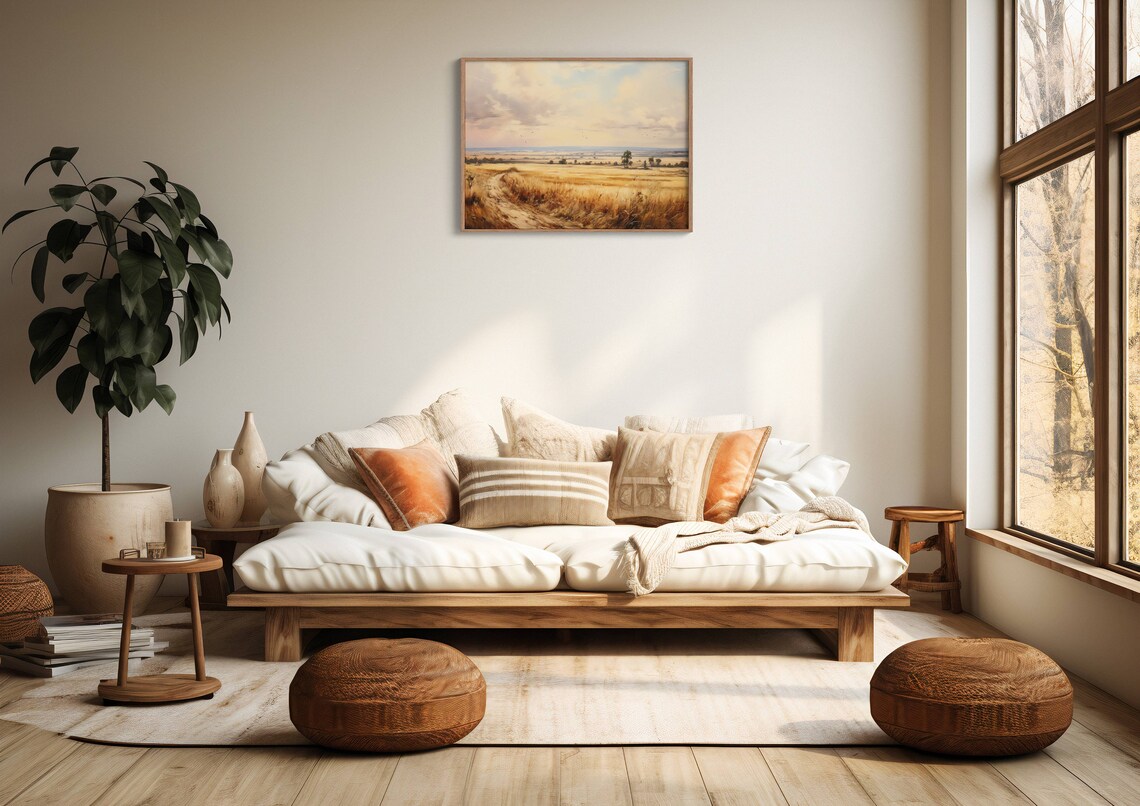 Golden Plain Dirt Path Winding Through Rural Field Vintage Landscape Wall Art - Image 2