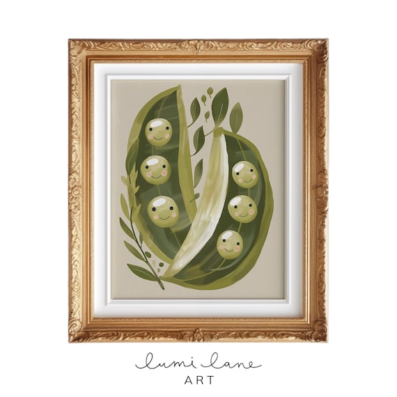 Cute Smiling Peas In A Pod Veggie Art Playful Kitchen Poster