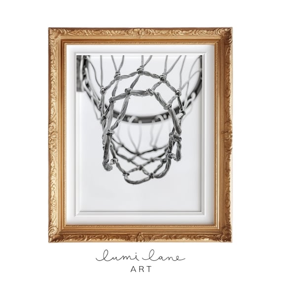 Black and White Basketball Hoop Net Close-Up Photo Art Poster