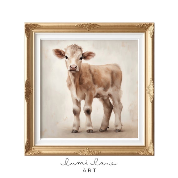 Calf Art Instant Wall Original Textured Painting Print Square Farmyard Barnyard Cute Cow Cottage Nursery