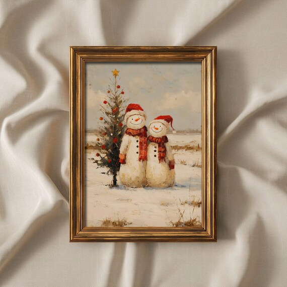 Vintage Christmas Snowman Pair Beside Pine Tree Framed Poster
