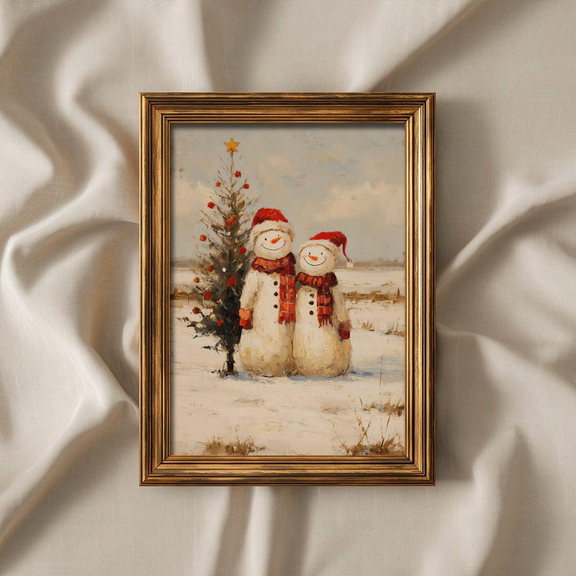 Vintage Christmas Snowman Pair Beside Pine Tree Framed Poster