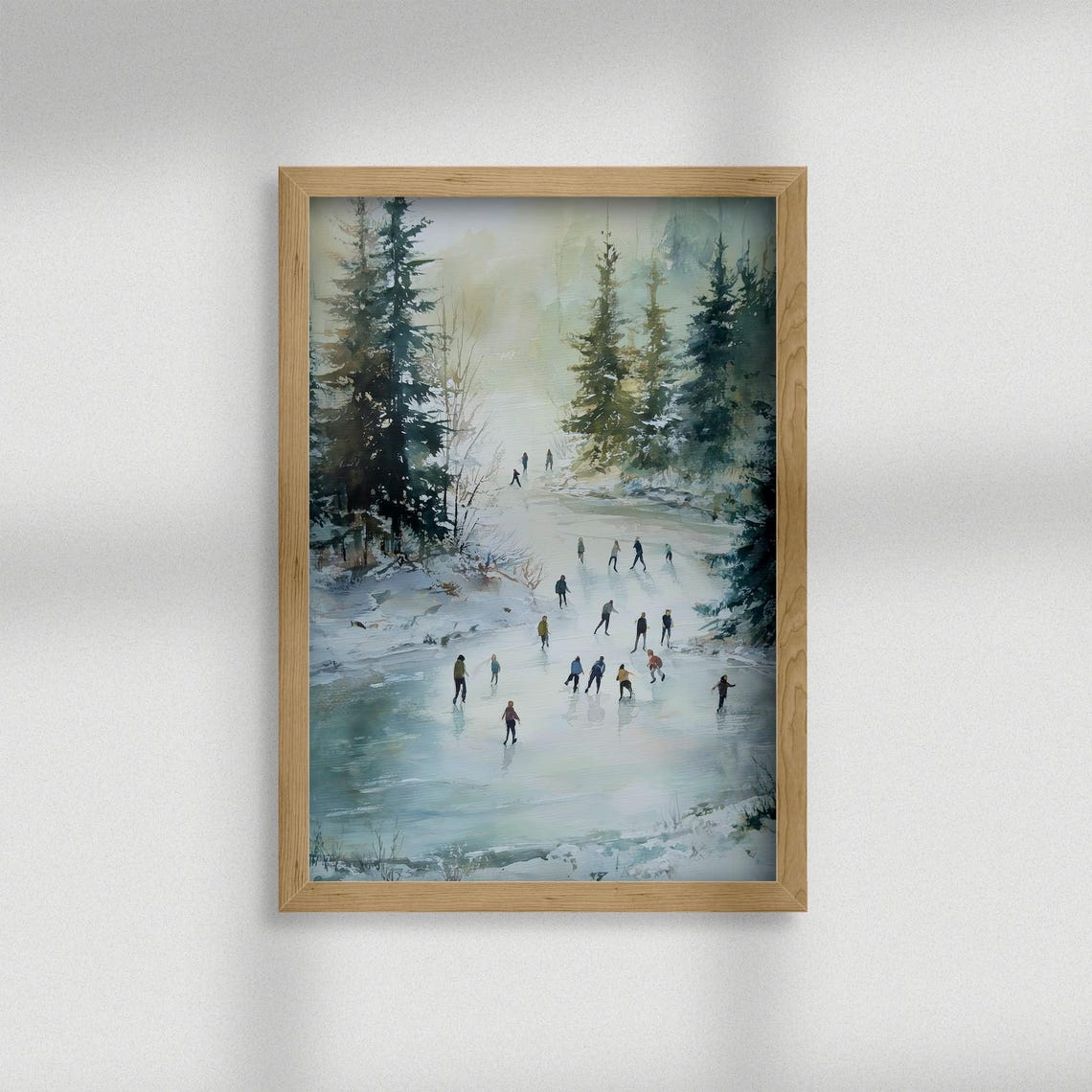 Winter Ice Skating Pond Snowy Forest Watercolor Scene Poster