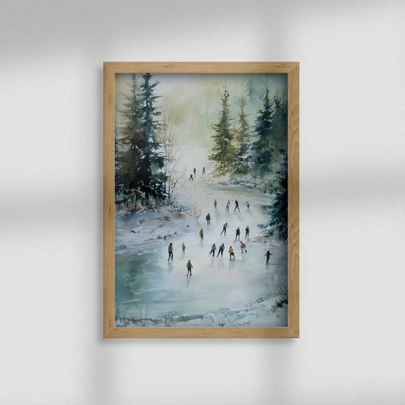 Winter Ice Skating Scene Snowy Forest Landscape Print Vintage Activities Art Cozy Holiday Wall Prints