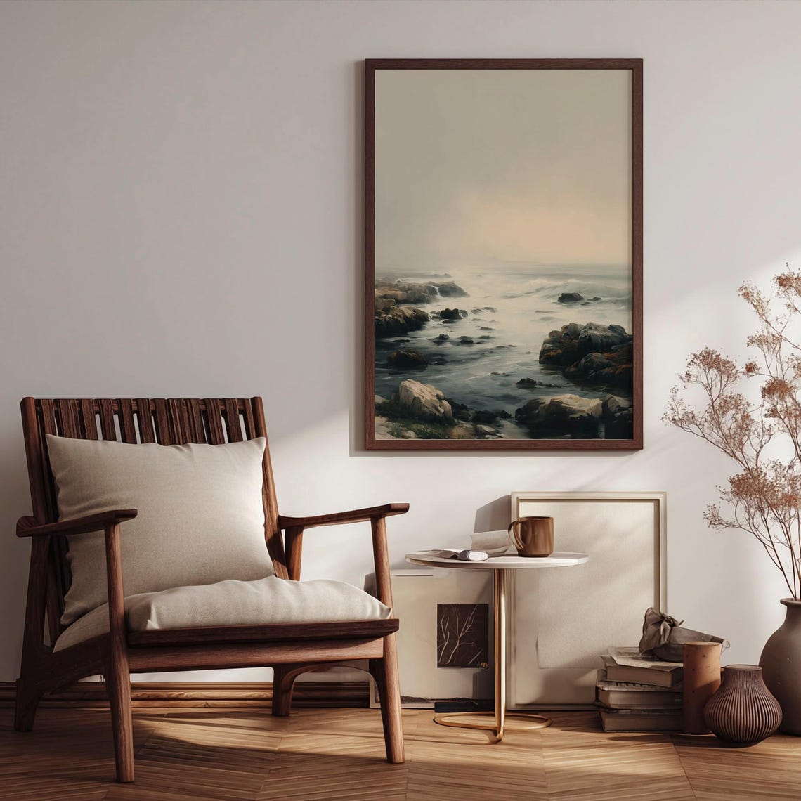 Foggy Rocky Shoreline Waves Misty Seascape Neutral Ocean Art Poster