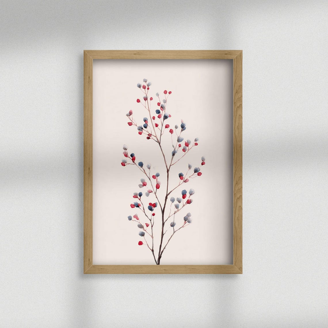 Red and Blue Berry Branch Minimalist Watercolor Nature Poster