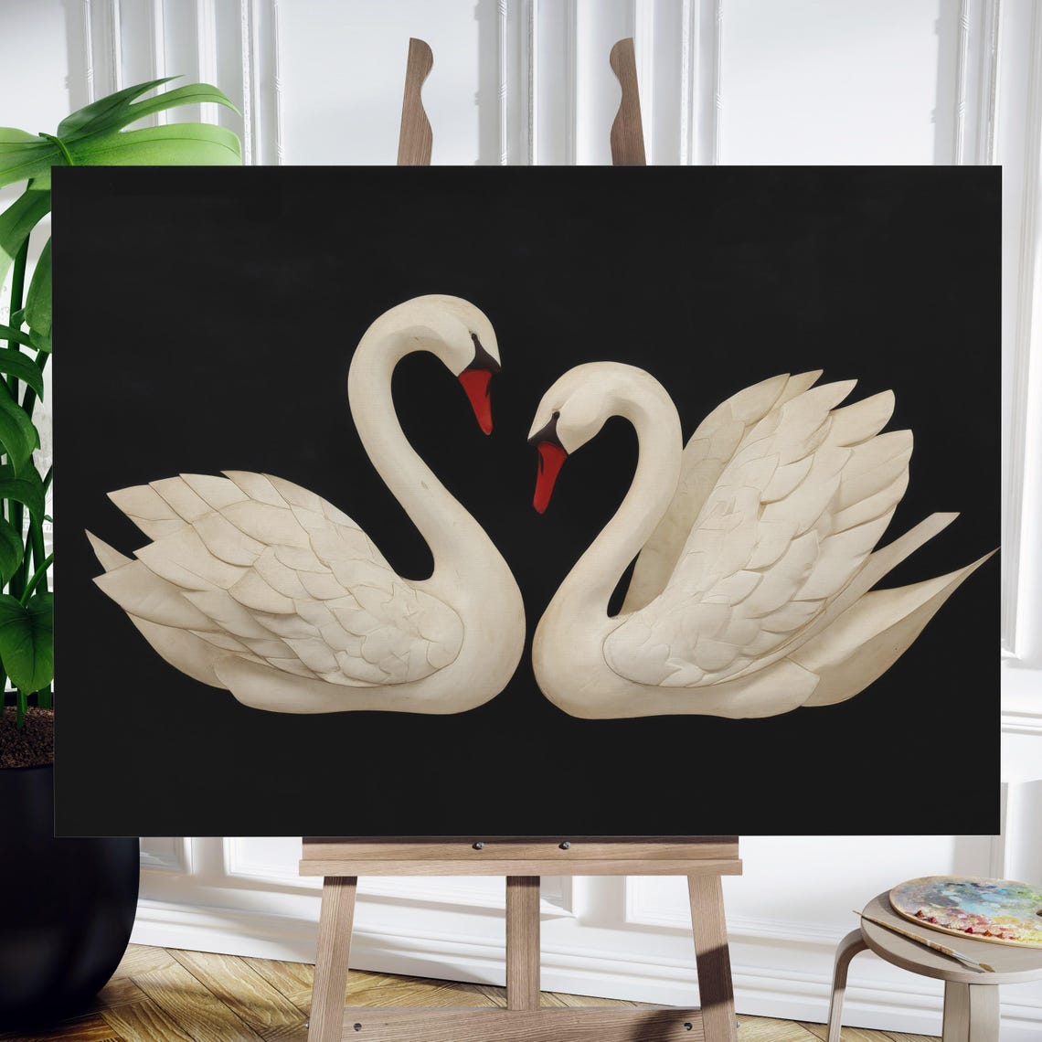 Two White Swans Heart Shape Elegant Black Background Art Print