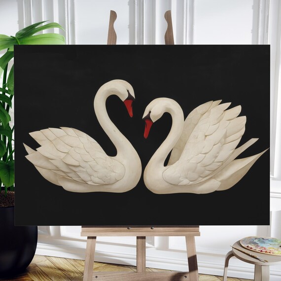 Two White Swans Heart Shape Elegant Black Background Art Print