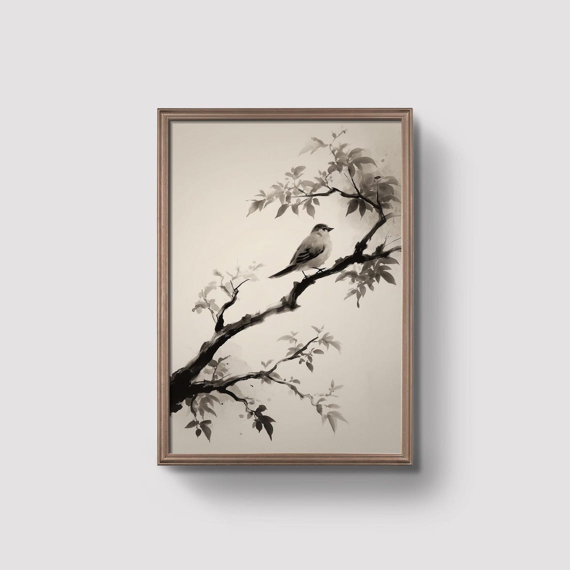 Asian Bird Print Minimalist Branch Art Japanese Style Nature Poster Zen Wall Decor Monochrome Prints